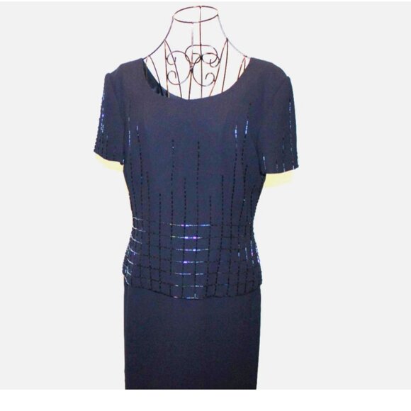 Navy Blue Cocktail Dress Sz 6 with Sequins Christmas Holiday Party Talbots - Picture 6 of 6